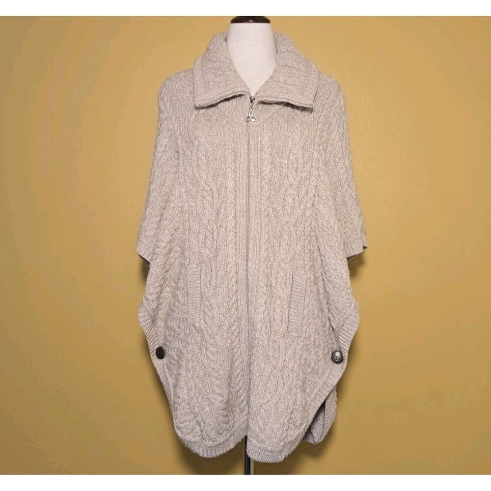 Aran Craft Tan Oatmeal Merino Wool Zip Front Cape New Cable Knit Sweater Cream M